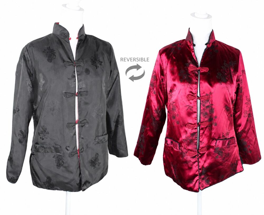 Vintage Reversible Chinese Satin Jacket Womens M Red Black Frog Closure